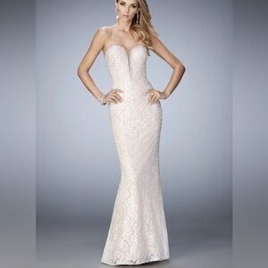 LA FEMME White Strapless lace overlay gown